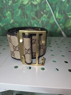 Vintage 34-37 Inches Waist Gucci Brown Beige Monogram Belt with Gold Buckle